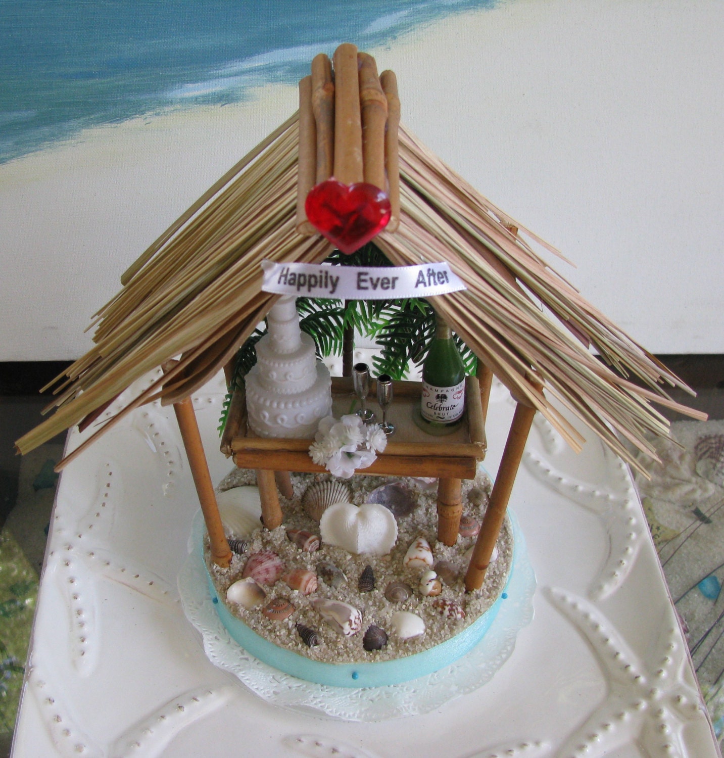 Tiki Hut Wedding Cake Topper-Wedding Cake Champagne Bottle Flutes Palm Tree Wedding Cake Topper