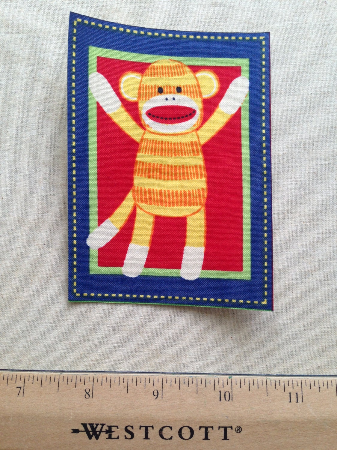 The Sensational Sock Monkey Fabric No Sew Iron On Applique - Ready to Ship