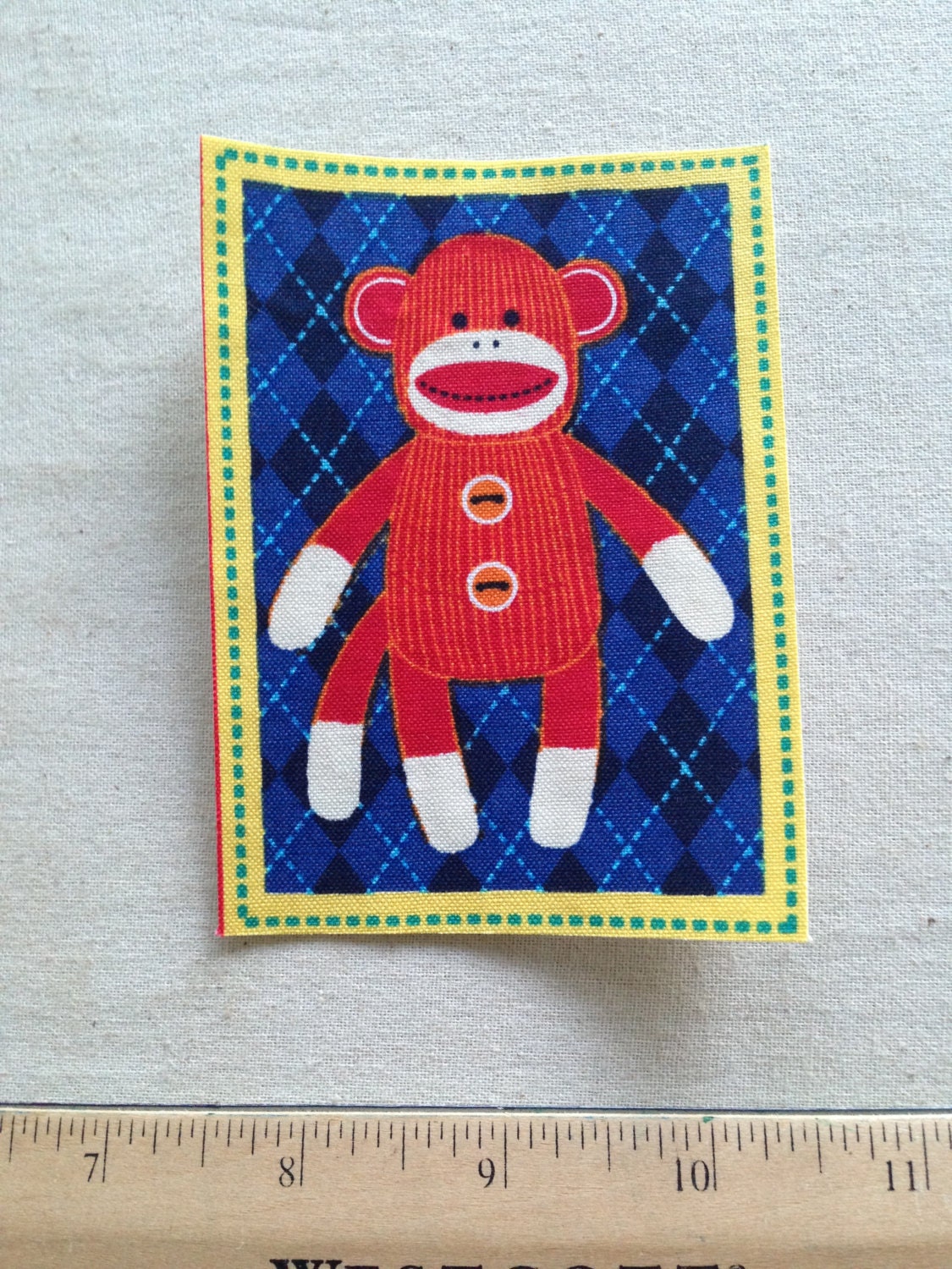 The Sensational Sock Monkey Fabric No Sew Iron On Applique - Ready to Ship