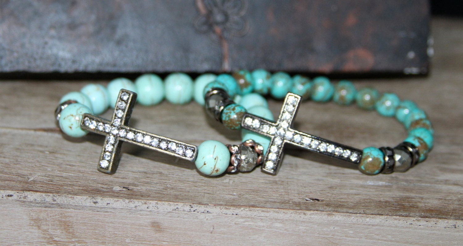 Crystal Sideway Cross Jewelry, Turquoise Jewelry, Stretch Bracelet, Beaded Bracelets Cross, Pyrite Jewelry