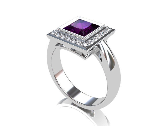 Purple sapphire ring, Diamond, halo engagement, princess cut, purple sapphire engagement ring, white gold, purple engagement, bezel, unqiue