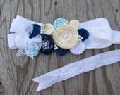 Cream white blue rose flower rosettes sash pearls lace Weddings Bride Bridesmaid Flower girl Maternity Formal  Photography Prop