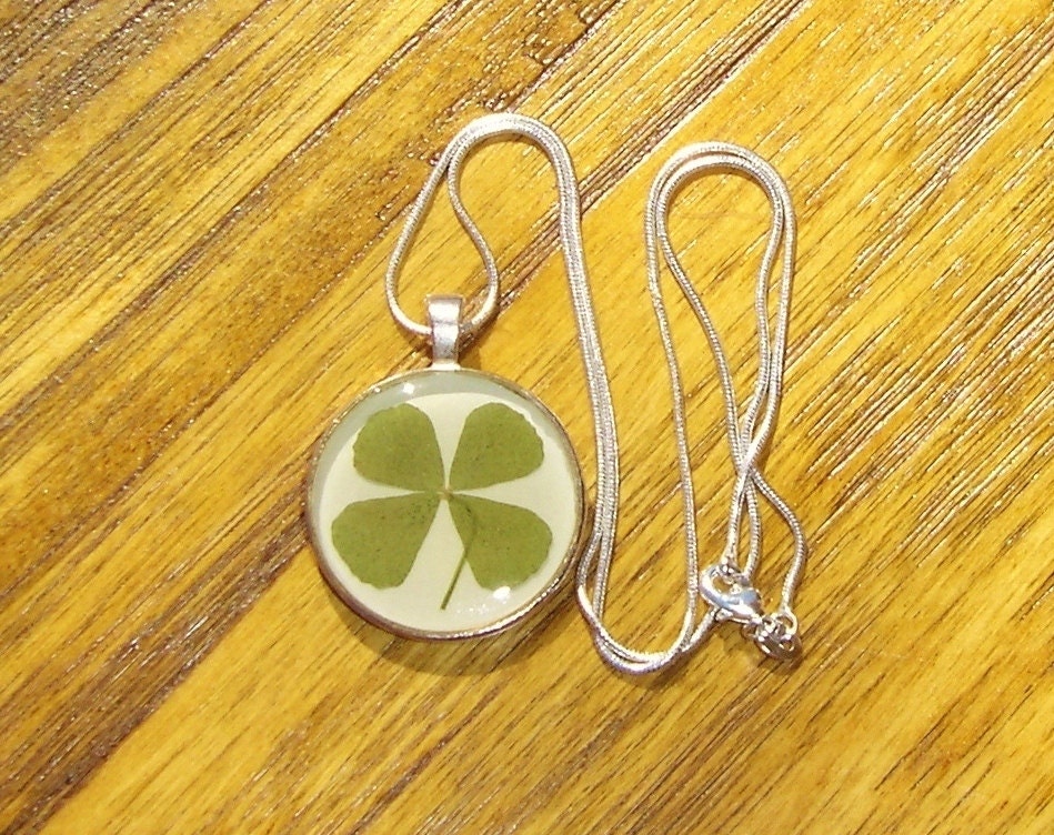 Real  Pressed Flower Four Leaf Clover Jewelry Resin Pendant Necklace with 18" Silver Plated Chain.