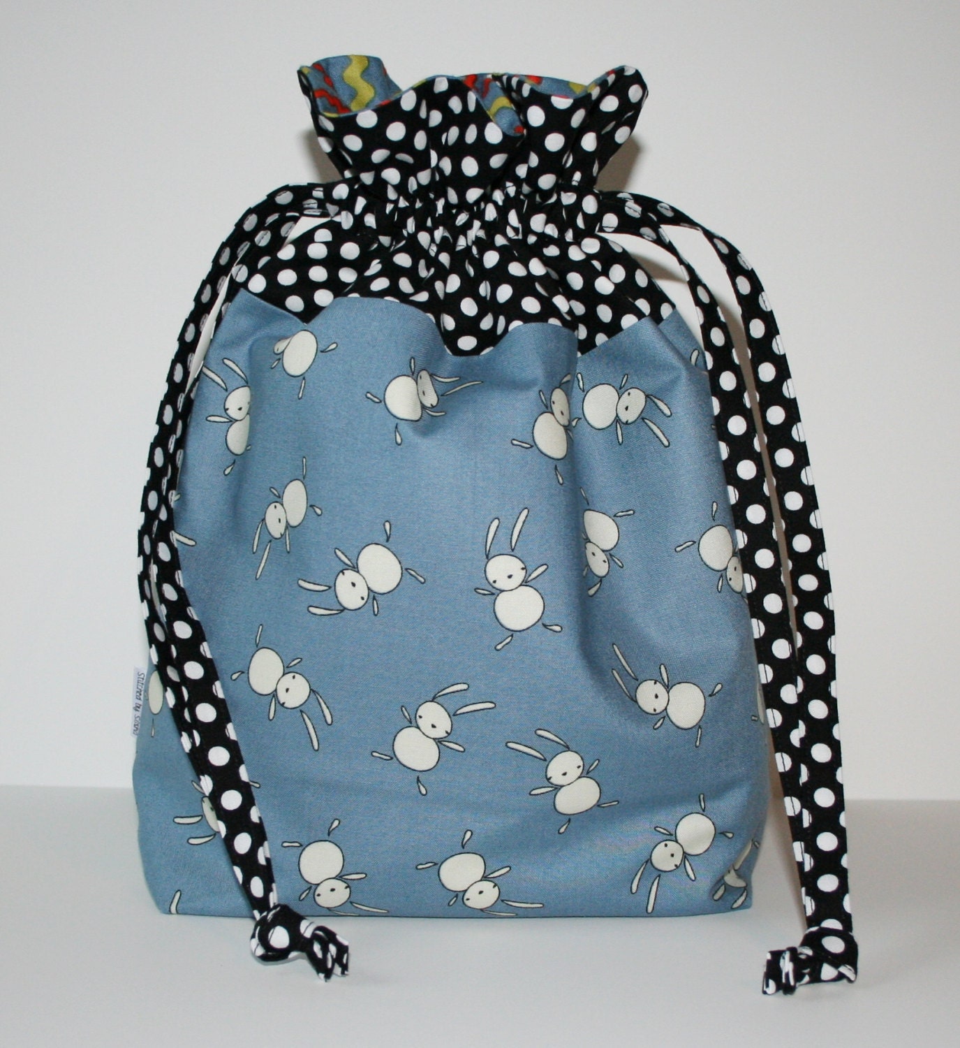 Medium Knitting Project Bag - Drawstring Bag with Interior Pockets - Creative Thursday's "Ric Rac Rabbits"