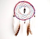 Dream Catcher - Indian Summer - With Natural Wooden Amulet, Natural Brown and White Feathers and Rainbow Colorful Nett - Home Decor, Mobile