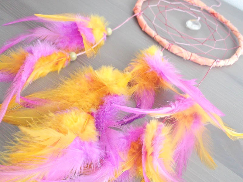 Dream Catcher - Sparkling Smile - With Clear Crystal Drop Stone and Orange Pink Feathers - Home Decor, Mobile