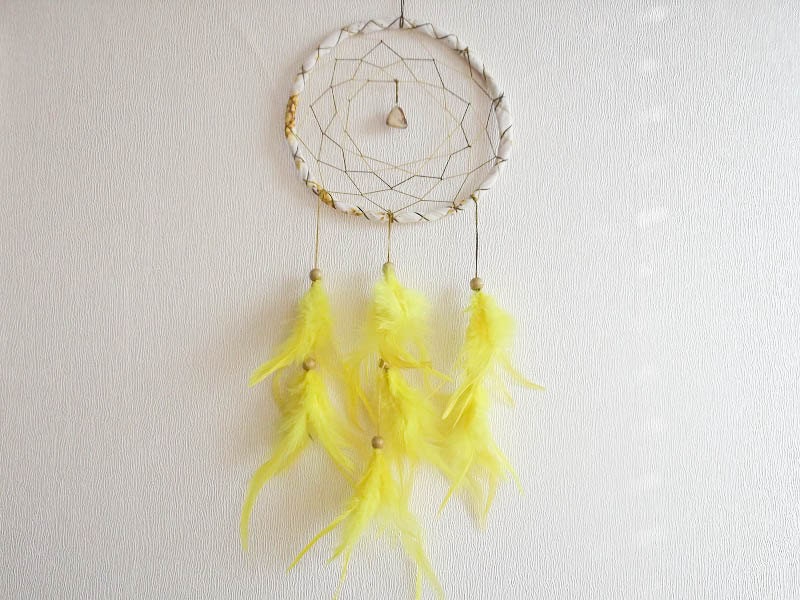 Dream Catcher - Sunburst - With Gemstone and Yellow Feathers - Home Decor, Nursery Mobile