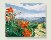 PALETTE KNIFE Orange Day Lilies , colorful and expressive landscape painting . ORIGINAL Art, oil paint on canvas ,  20 " X 24 " .