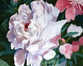 Lush, textural surface.  PEONY Still life oil painting on stretched canvas Palette knife , soft shades of pinks, whites and greens.