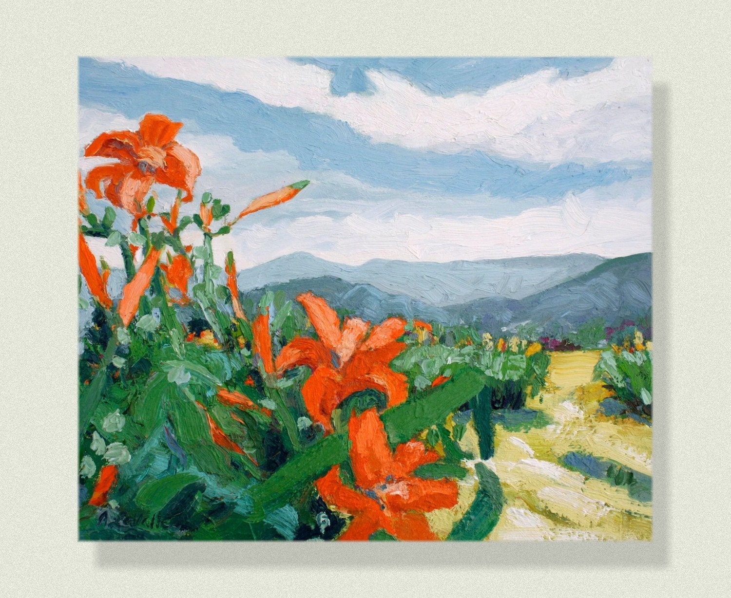 PALETTE KNIFE Orange Day Lilies , colorful and expressive landscape painting . ORIGINAL Art, oil paint on canvas ,  20 " X 24 " .