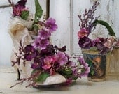 White Victorian boot and basket adorned violet flowers vignette and shelf stuffer shabby chic home decor piece