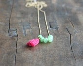 Jade necklace with pink tassel - jade colored crystal beads on a long gilded chain