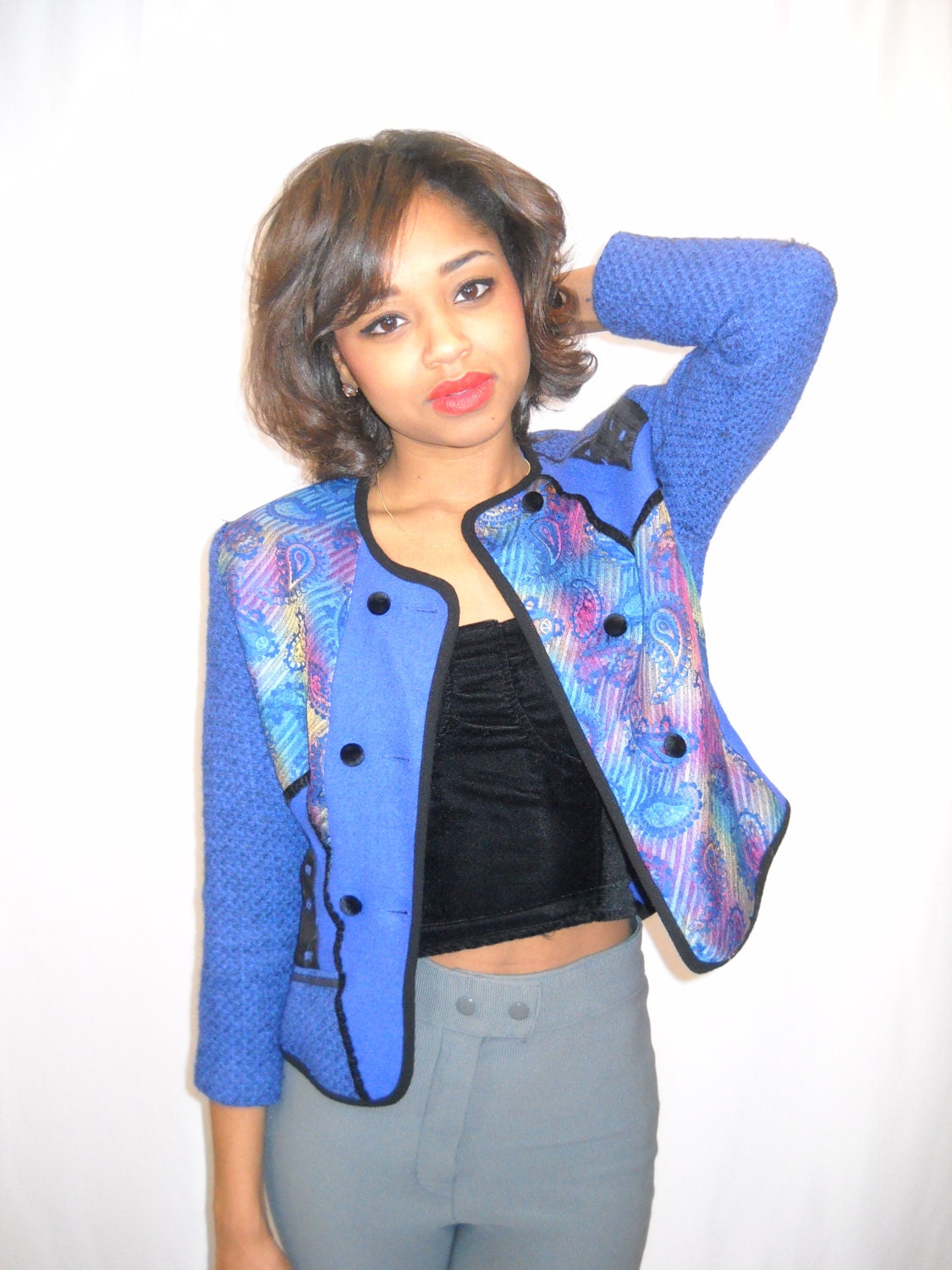 Vintage 80's Blue Abstract Print Collarless Blazer