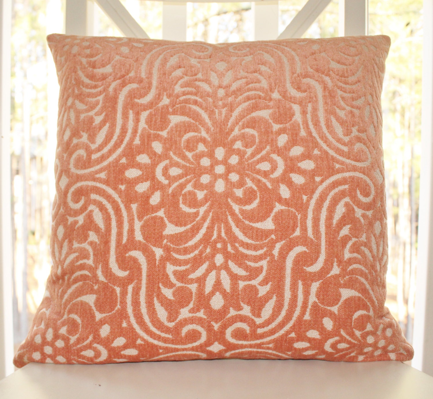 Peach Orange Pillow - Salmon Pink Orange Geometric Velvet Designer Cover -  Decorative Throw Pillow