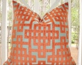 Decorative Designer Pillow - 16 x 16 Orange Aqua Turquoise Geometric Greek Key Trellis Designer Cover - Throw Pillow