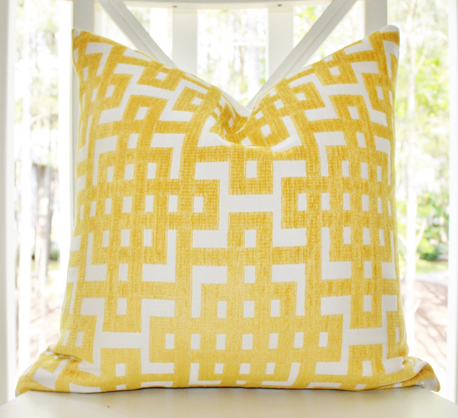 Decorative Designer Pillow - 20 x 20 Yellow Geometric Greek Key Trellis Designer Cover - Modern Yellow Throw Pillow