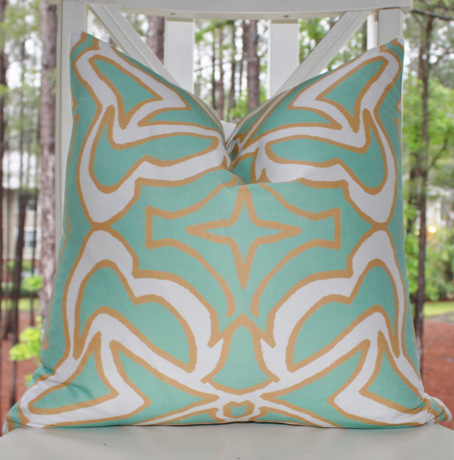 Decorative Designer Pillow - 18 x 18 Mint Green Geometric Pillow Cover - Modern Green Tan White Throw Pillow - Summer Pillow