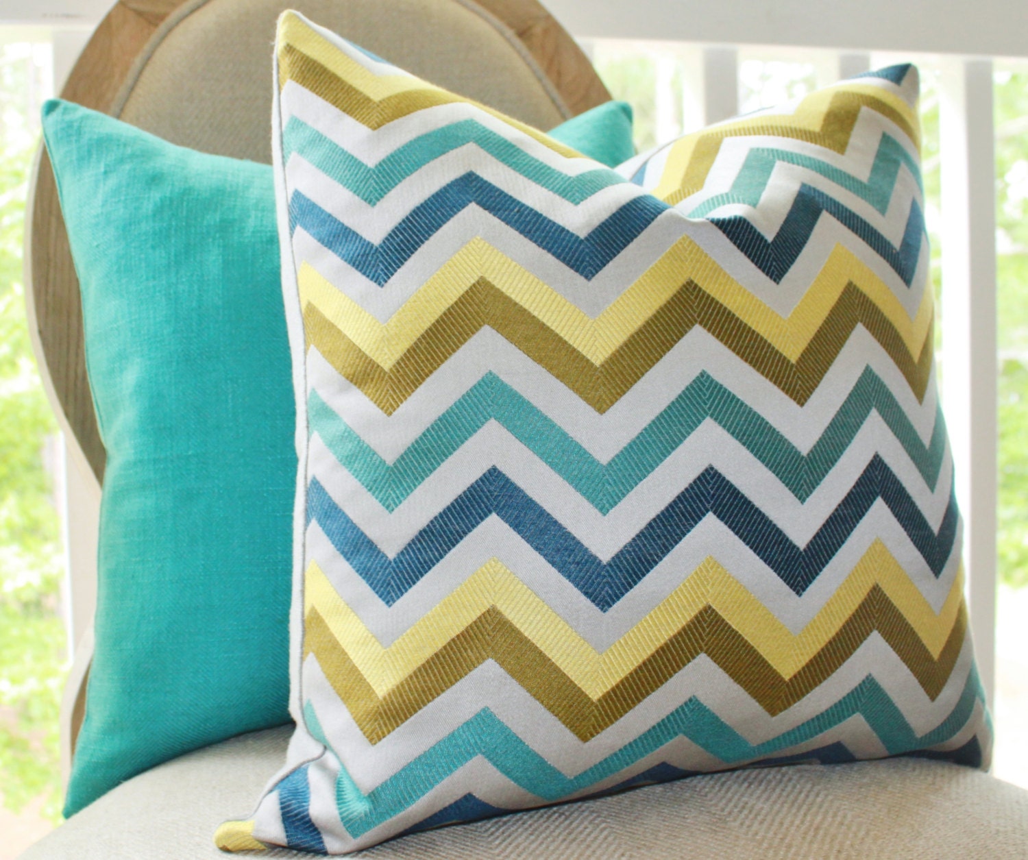 Designer Pillow Cover - Modern Turquoise Teal Blue Grey Jacquard Zig Zag Pillow - Hollywood Regency Chevron Throw Pillow - Designer Pillow