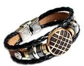 Leather wrist bracelet with leather ,alloy ,diamond ,Tungsten stone,Stainless steel strap buckle,men or women cuff bracelet  d-364