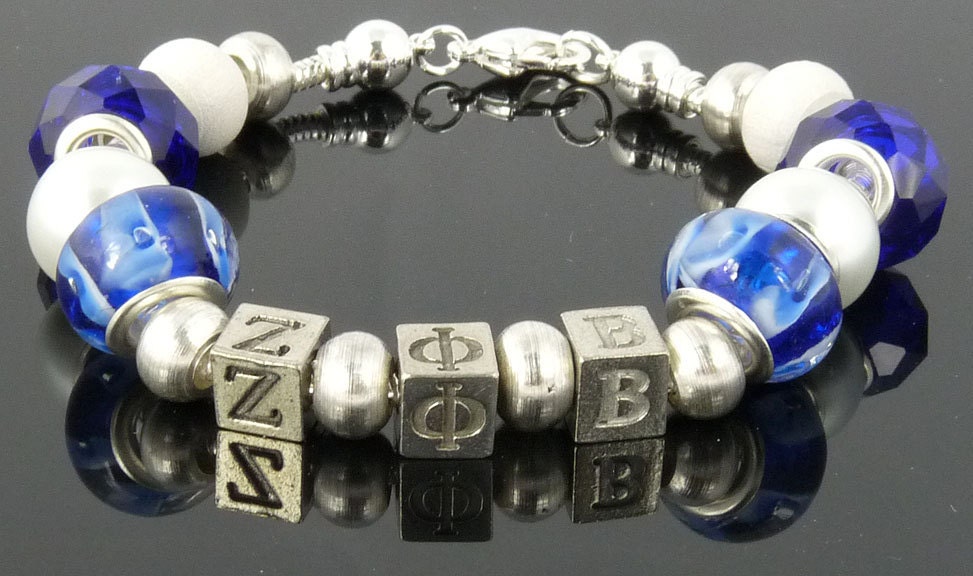 ZETA PHI BETA: European Style Large Hole Bead Greek Sorority Blue White Bracelet Accessory Gift