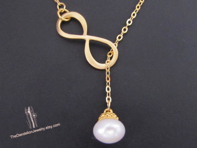SALE, 10% OFF: Infinity and pearl lariat necklace in gold, infinity necklace, wedding jewelry, bridesmaid