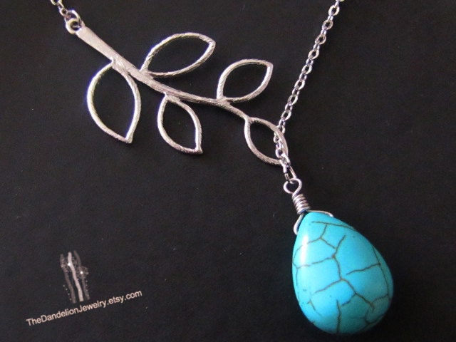 SALE, 10% OFF: Branch and howlite turquoise briolette lariat necklace in white gold, branch necklace, turquoise necklace, turquoise pendant