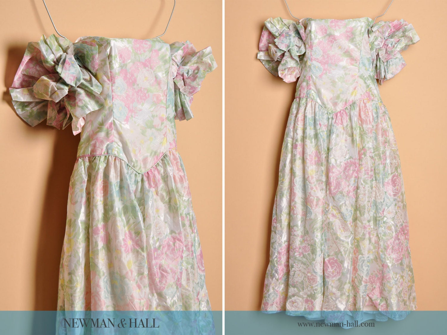 Vintage 1980s Floral Ruffle Party Dress, Size Medium