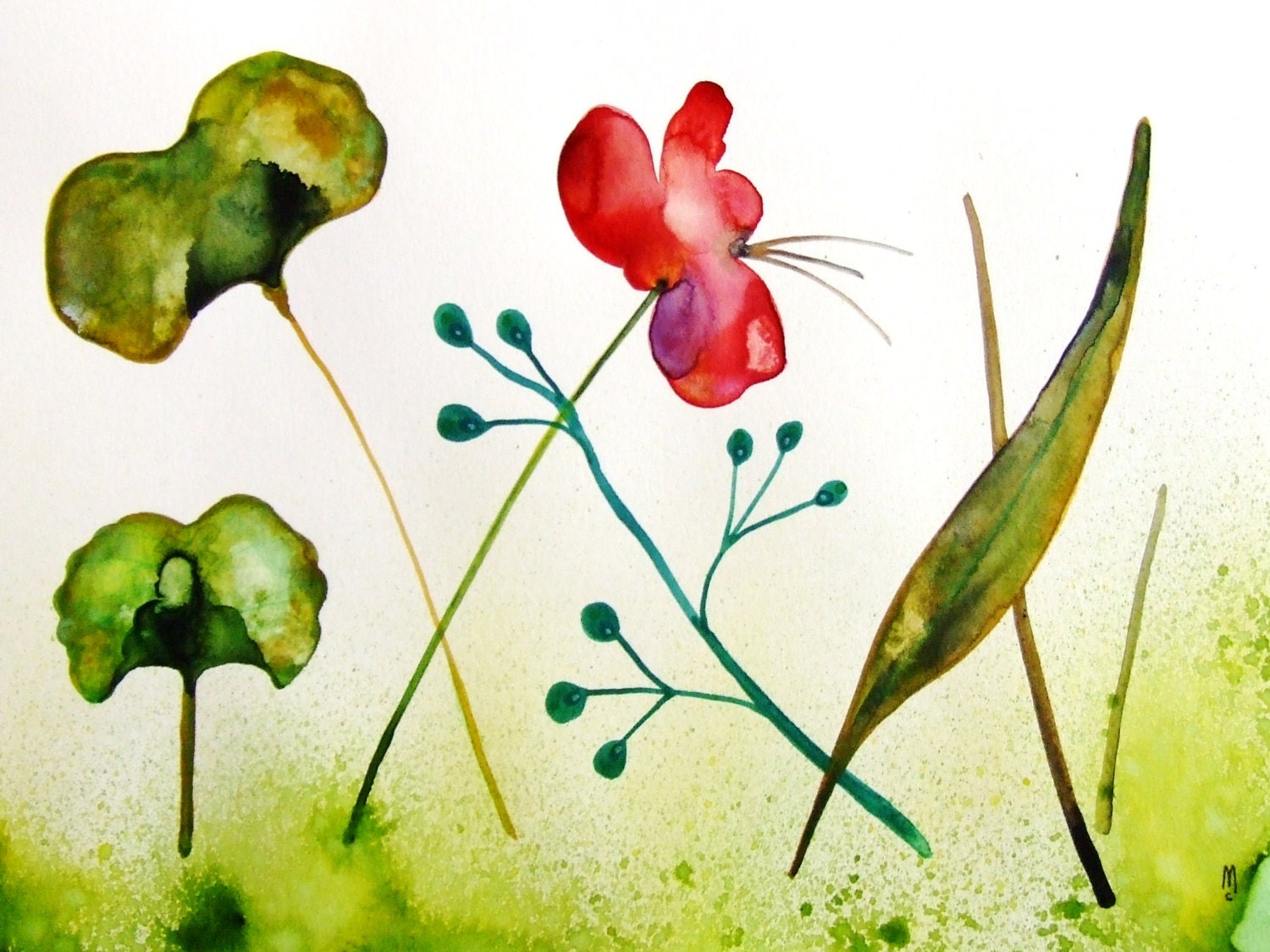 Flowers Original Watercolor Painting Flowers Landscape Drawing Contemporary Art Botanical Leaves Nature Wall Art Garden Plants Green
