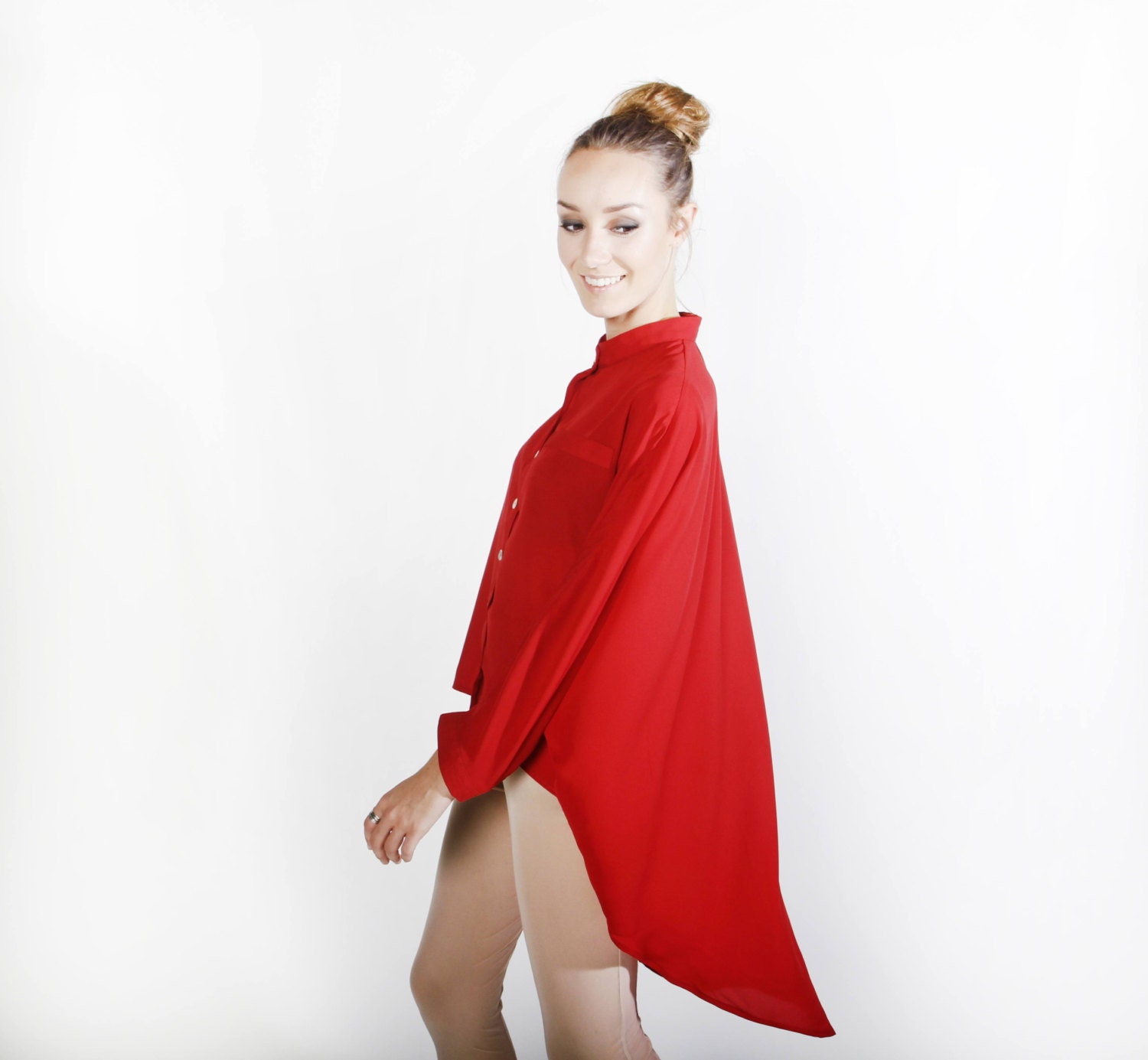 Women Oversize Red Blouse, Buttened  Shirt