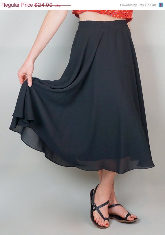 SPRING SALE 90s Black Chiffon Skirt// High Waisted Full Skirt// Vintage Sheer Chiffon Skirt