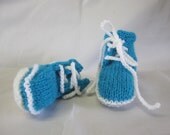 Baby Booties Sport Style Blue and WhiteTrainer High Side Style Lace Up Hand Knitted