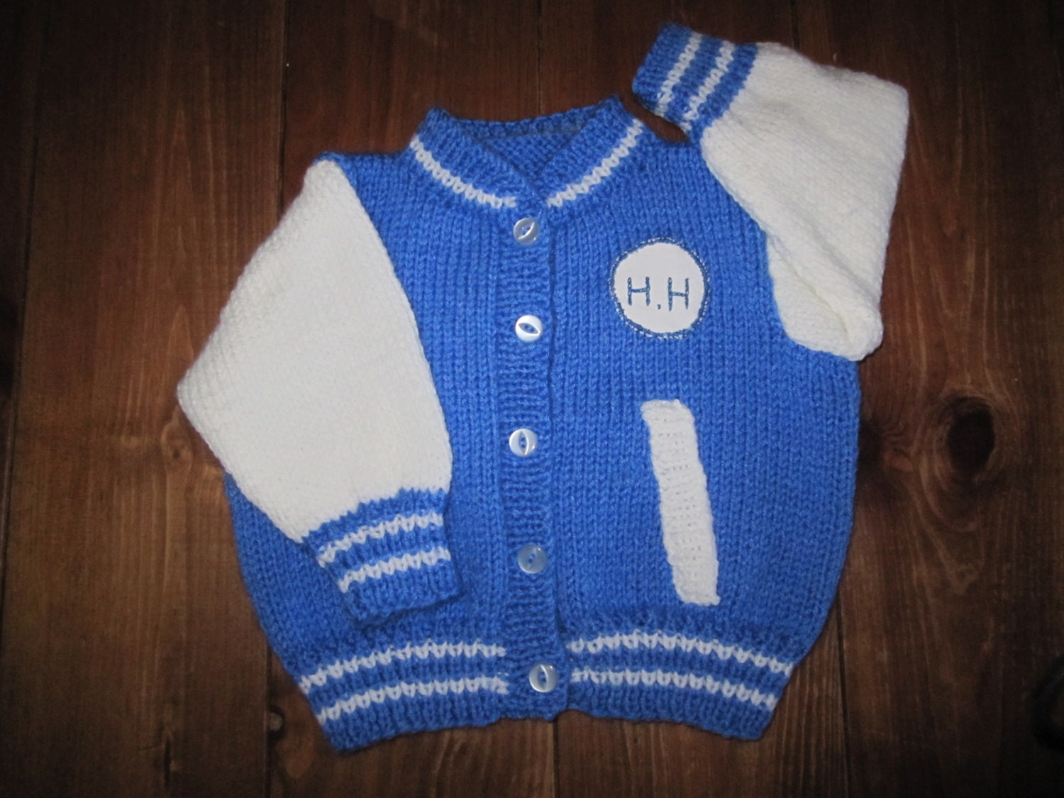 Baby Cardigan Sweater Varsity Style Blue and White Personalize the Badge Hand Knitted Up to 2 Years