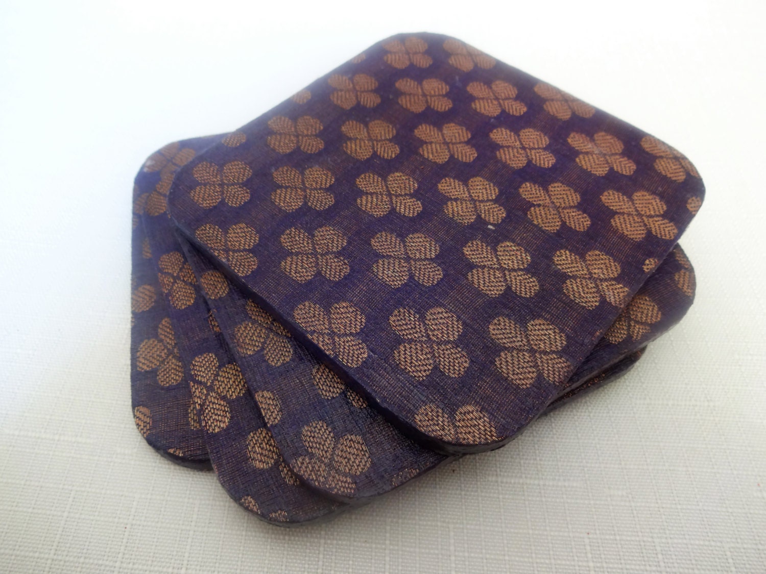 Handmade Decoupaged Wooden Coasters - Indian Print - Cotton cloth - Purple & Gold - flower motifs