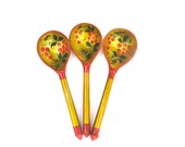 Khokhloma spoon trio soviet kitchen red summer berries Russian folk art handpainted