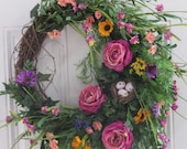 Front Door Wreath, Spring or Summer Wreath, Wildflower Wreath ,Country Wreath, Country Decor, Ranunculus, Bird nest, Ferns, Ivy