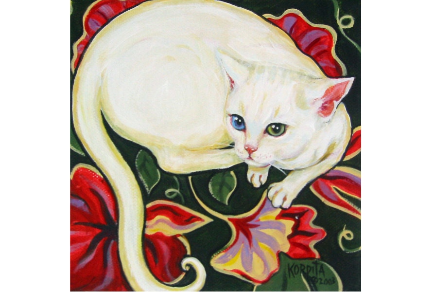 White Cat on a Cushion - Kitty Blue Eye Green Eye Vintage Floral Barkcloth Pillow 8x8 Glicee Print from original painting Korpita ebsq