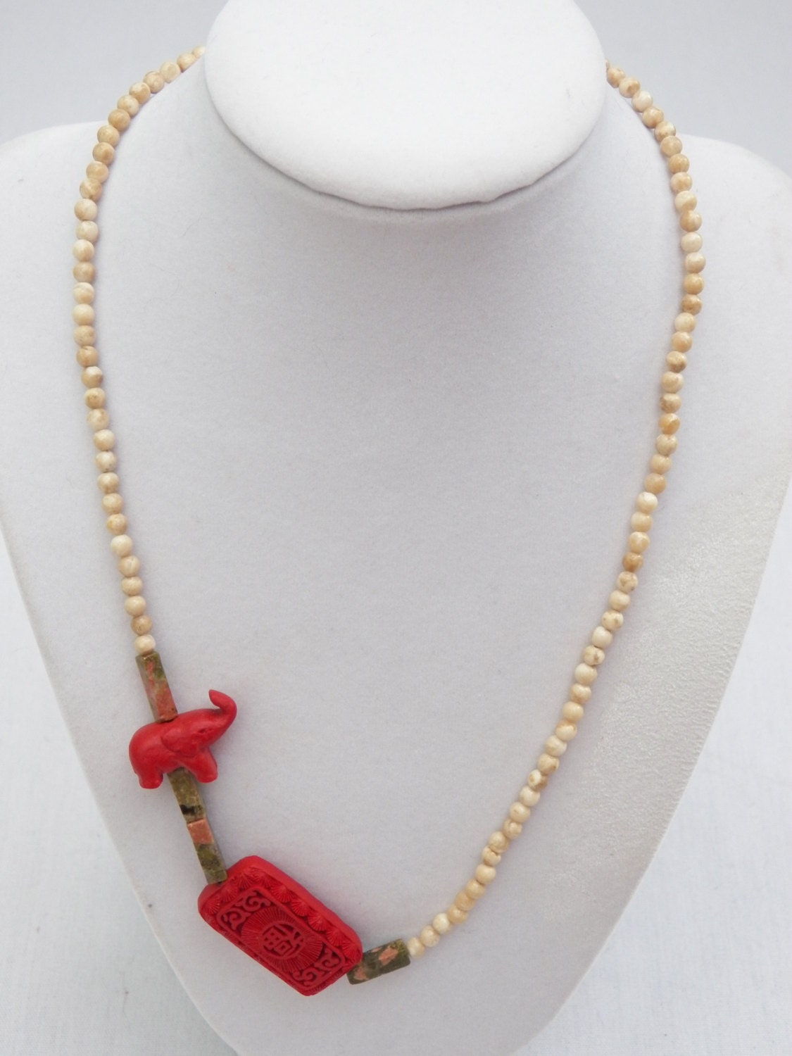 Cinnabar, Jasper, Unakite - Intricately Hand Carved and Strung Necklace Sterling Silver -Chinese Good Fortune and Elephant  Offset Pendant