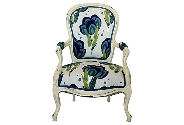 Antique Rococo Arm Chair Upholstered Annie Selke Fabric, Accent Chair Upholstered in Blue Indigo Green White Large Floral Designer Fabric