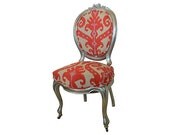Ikat Antique Victorian Parlor Chair Upholstered Pink Orange Coral Lavender Suzani Fabric Caster Wheels and Cabriole Legs Throne Upholstery