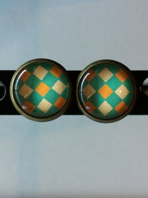 SALE- Green and Orange Diamond Print Post Earrings