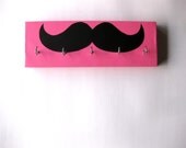 Mustache Jewelry Holder and Key Rack  - Black Mustache on Pink Background Dark Pink Hot Pink