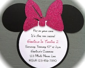 25 Handmade Minnie Mouse Invitations with Number on back - Hot Pink Glitter Bow