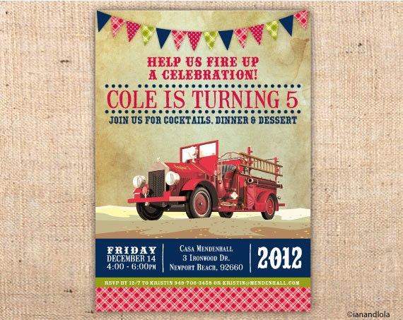 Antique Vintage Art Firetruck Birthday Party Invitation