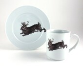 Jackalope Breakfast Set Mug and Plate Porcelain Rabbit Bunny Tea Milk Coffee Hare Child Present Gift Spring Easter