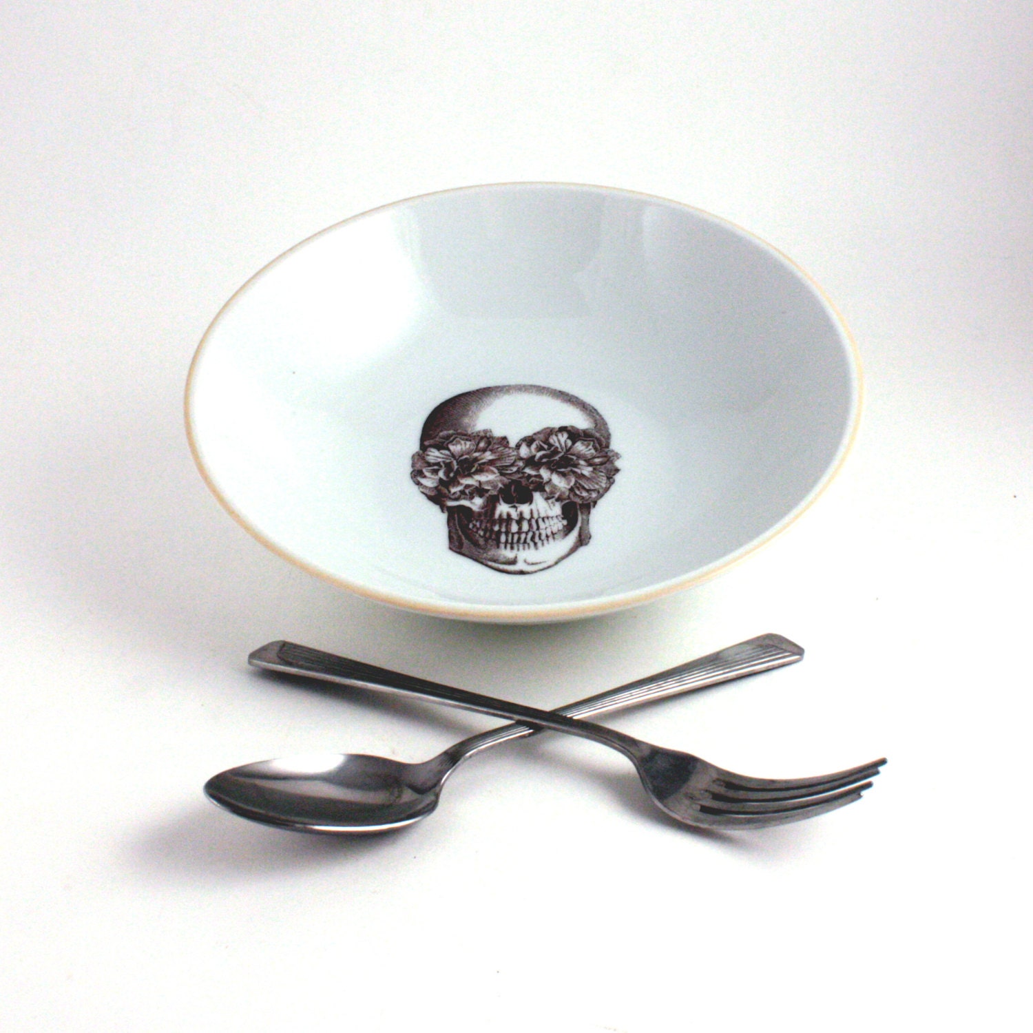 Sugar Skull Salad Bowl Altered Vintage Porcelain  White Flower Day of the Death Mexico Halloween Spooky