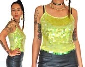 HOLA VINTAGE 90s Raver Neon Disc Tank Top - 90s Club Sequins Beaded Fluro Tank - Sequinned Green Party Blouse - Neo Glam Club Kid Tank