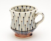 Handmade Porcelain Mug with Blue, Runny Dots, and Red Spiral