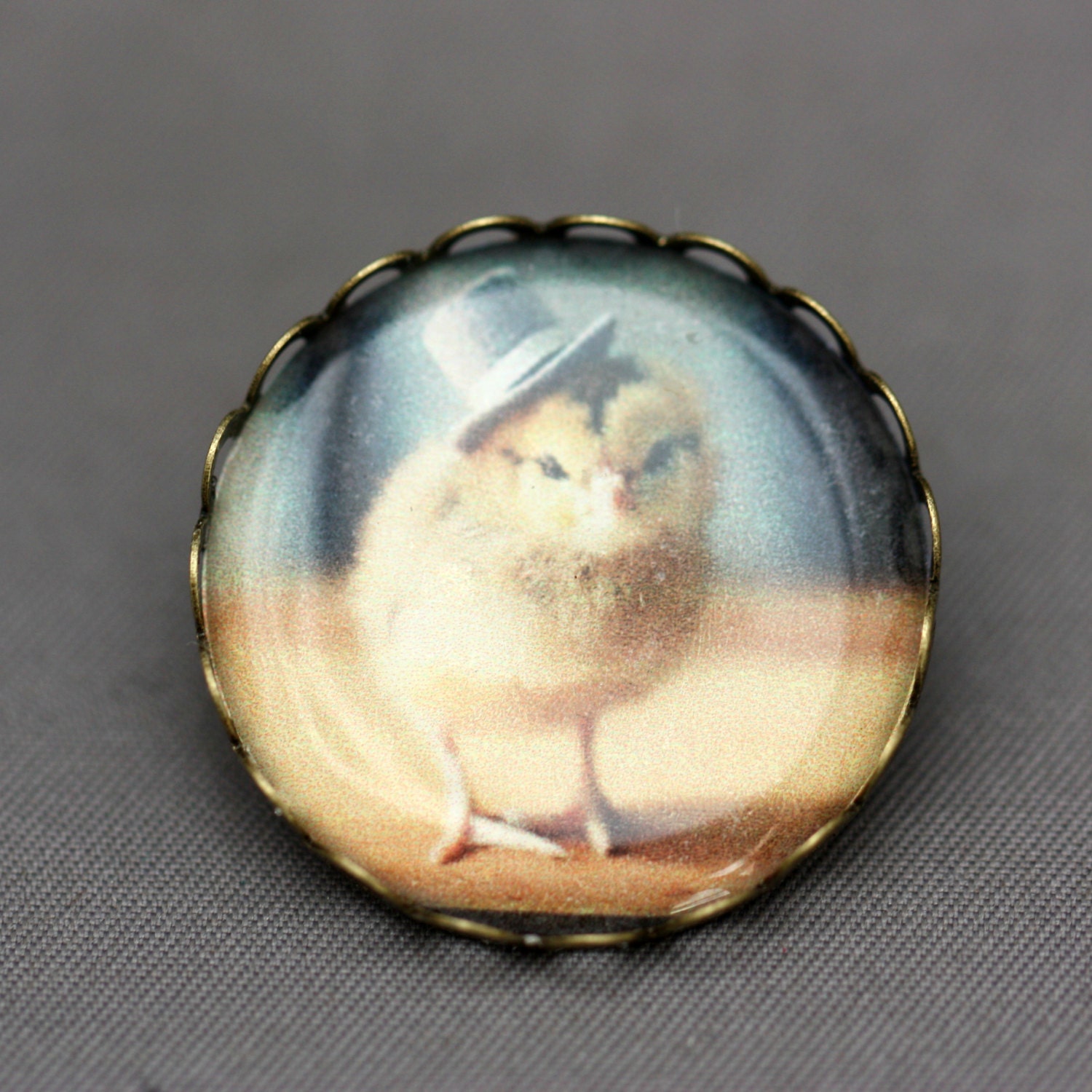 Photo Brooch of A Chick In A Top Hat Antique Bronze Pin