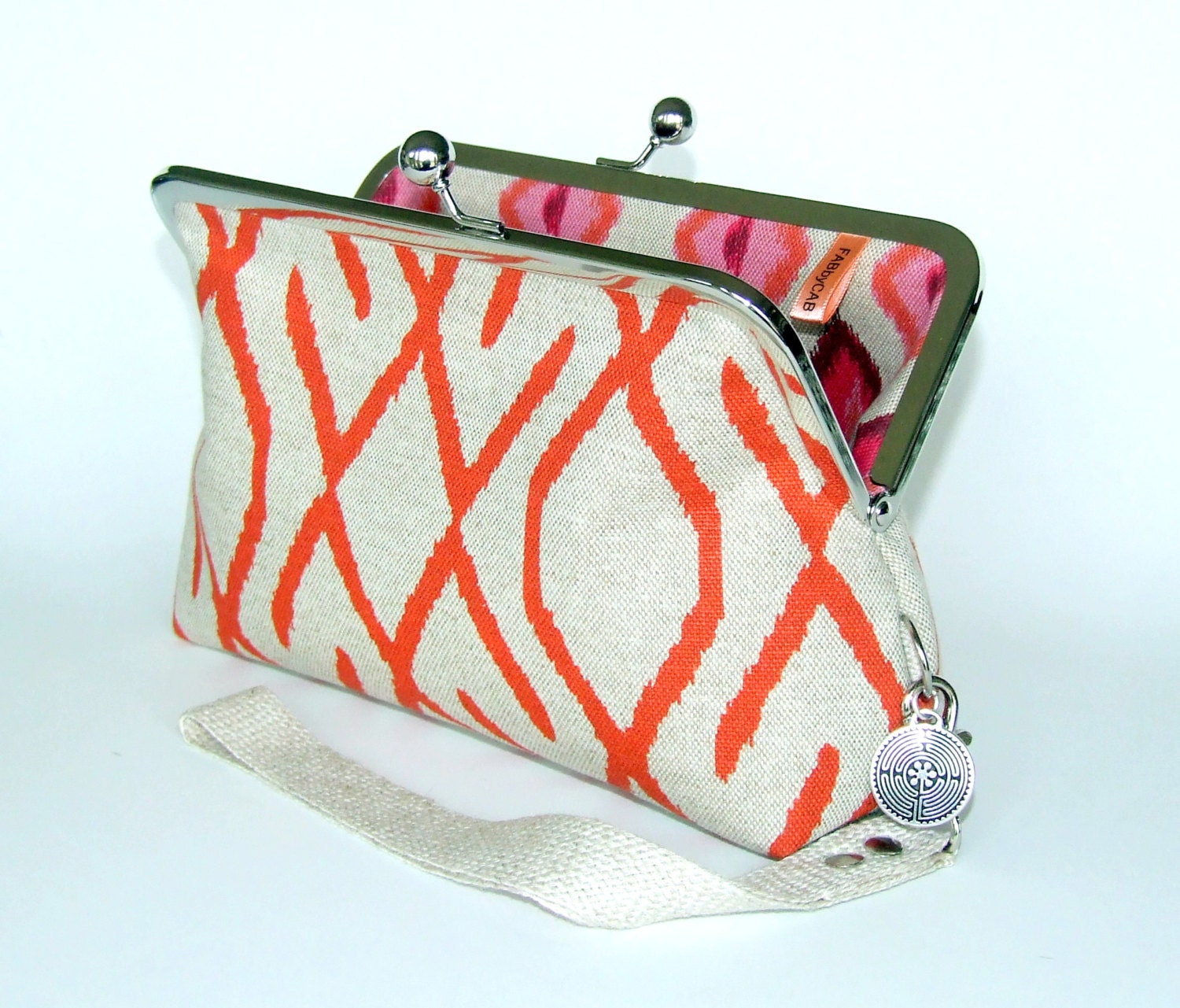 Tangerine Orange Geometric Ikat Print - Linen Colored Contemporary Cotton Clutch Wristlet