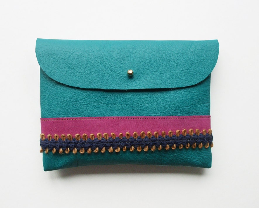 CLUTCH // small size // turquoise leather with fuschia and blue ribbon